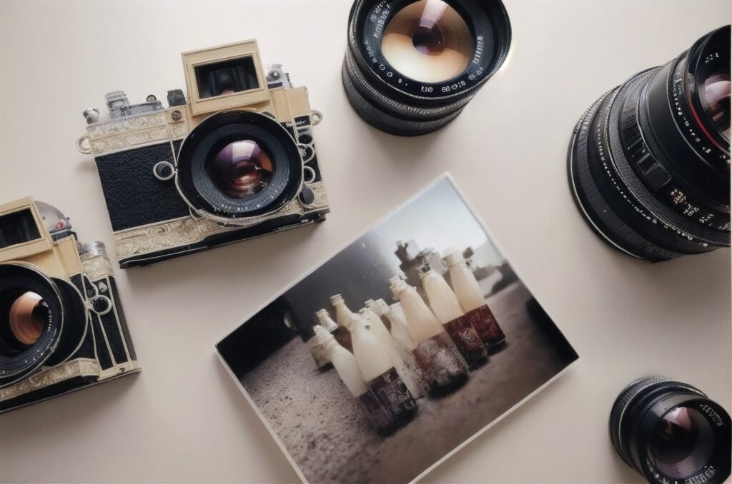 there are three old cameras and a picture of a candle